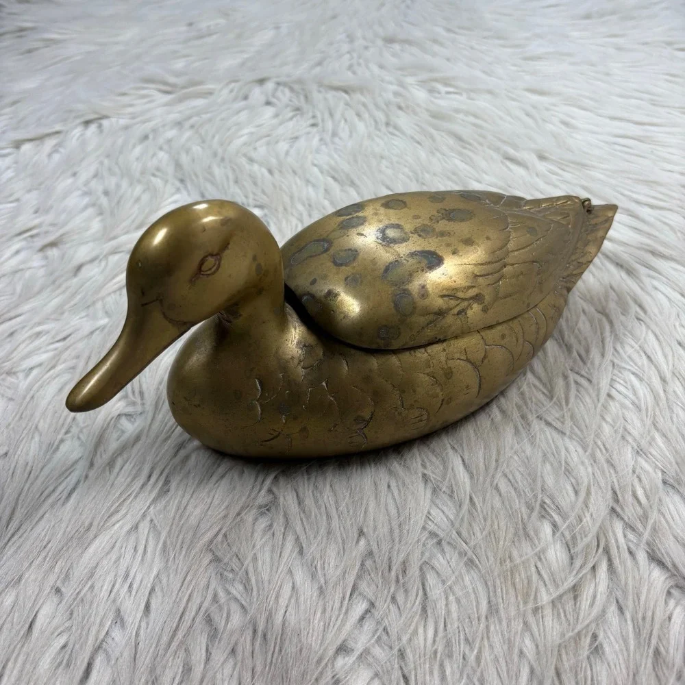 Vintage MCM Brass Duck Decoy Hinge Lid Trinket Box Decor Catch All Keys Jewelry